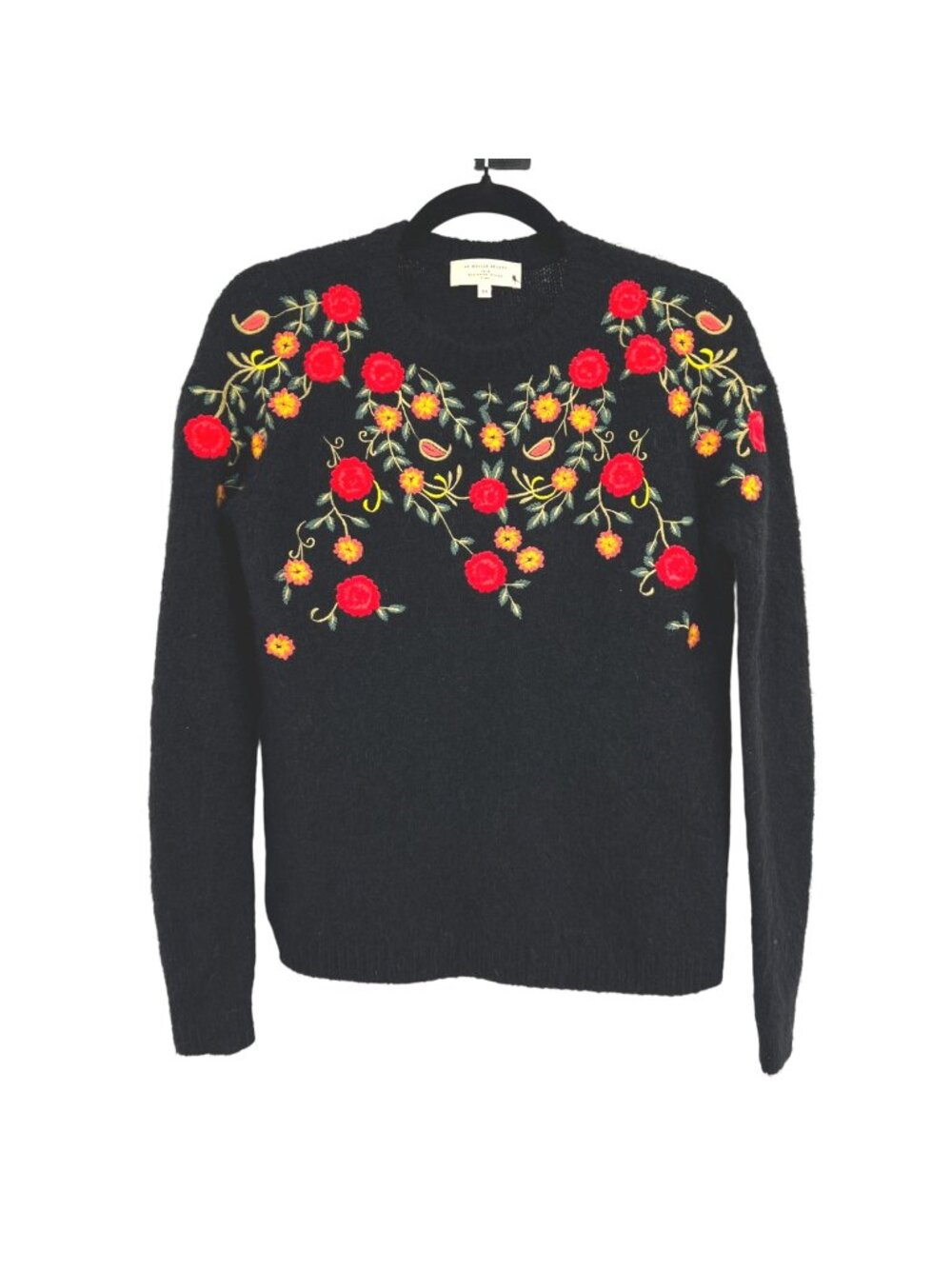Sézane La Maille Black Sweater Floral Embroidery Size XS Cottage Folk Nouveau